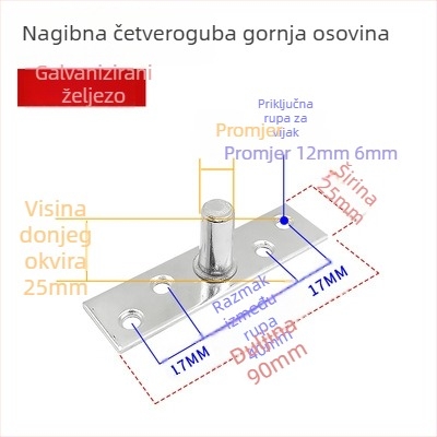Komplet podne opruge za okvir staklenih vrata: gornja osovska pločica, fiksni osovinski, T-oblik jezgro; Materijal: 304/201 nehrđajući čelik ili pocinčani čelik; Stil: moderni minimalistizam
