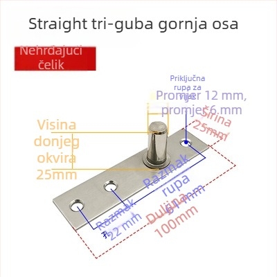 Komplet podne opruge za okvir staklenih vrata: gornja osovska pločica, fiksni osovinski, T-oblik jezgro; Materijal: 304/201 nehrđajući čelik ili pocinčani čelik; Stil: moderni minimalistizam