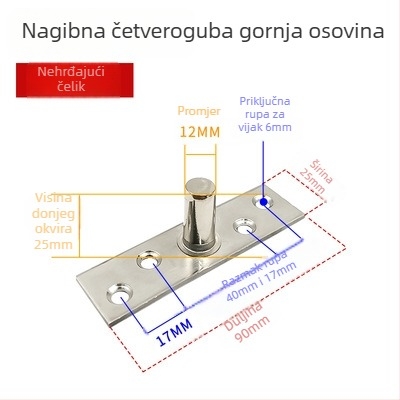 Komplet podne opruge za okvir staklenih vrata: gornja osovska pločica, fiksni osovinski, T-oblik jezgro; Materijal: 304/201 nehrđajući čelik ili pocinčani čelik; Stil: moderni minimalistizam
