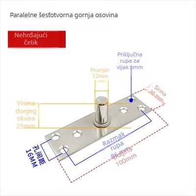 Komplet podne opruge za okvir staklenih vrata: gornja osovska pločica, fiksni osovinski, T-oblik jezgro; Materijal: 304/201 nehrđajući čelik ili pocinčani čelik; Stil: moderni minimalistizam