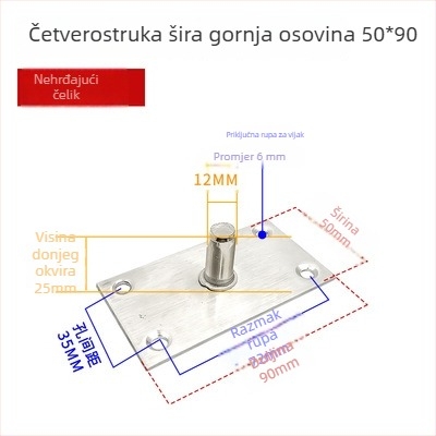Komplet podne opruge za okvir staklenih vrata: gornja osovska pločica, fiksni osovinski, T-oblik jezgro; Materijal: 304/201 nehrđajući čelik ili pocinčani čelik; Stil: moderni minimalistizam