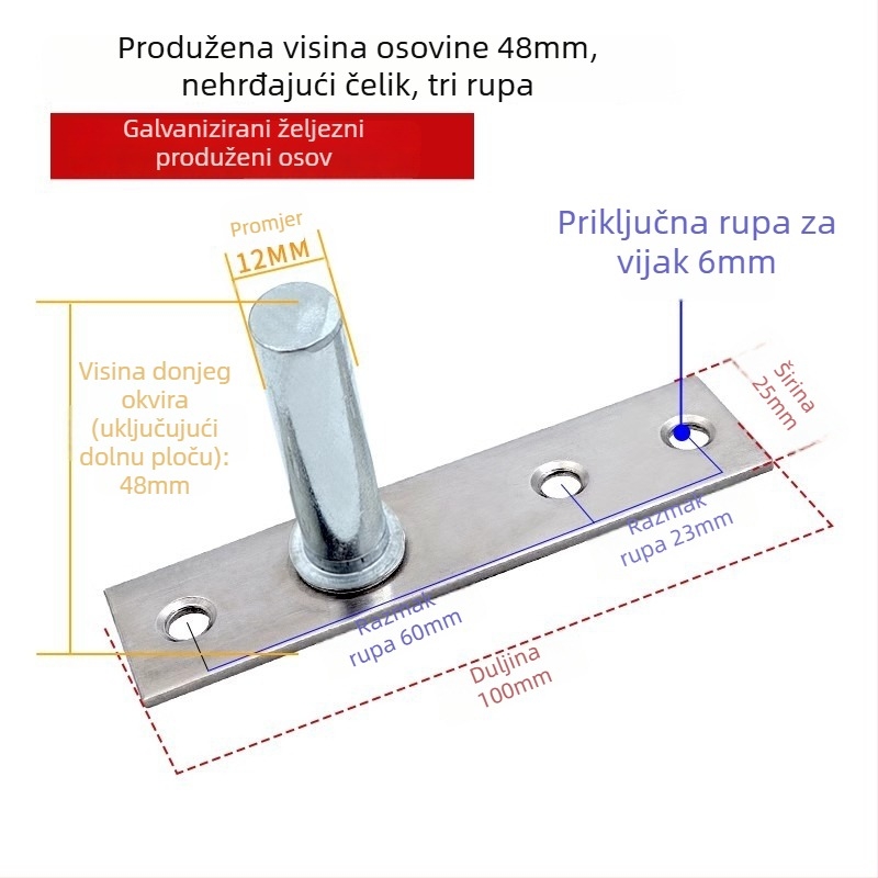 Komplet podne opruge za okvir staklenih vrata: gornja osovska pločica, fiksni osovinski, T-oblik jezgro; Materijal: 304/201 nehrđajući čelik ili pocinčani čelik; Stil: moderni minimalistizam