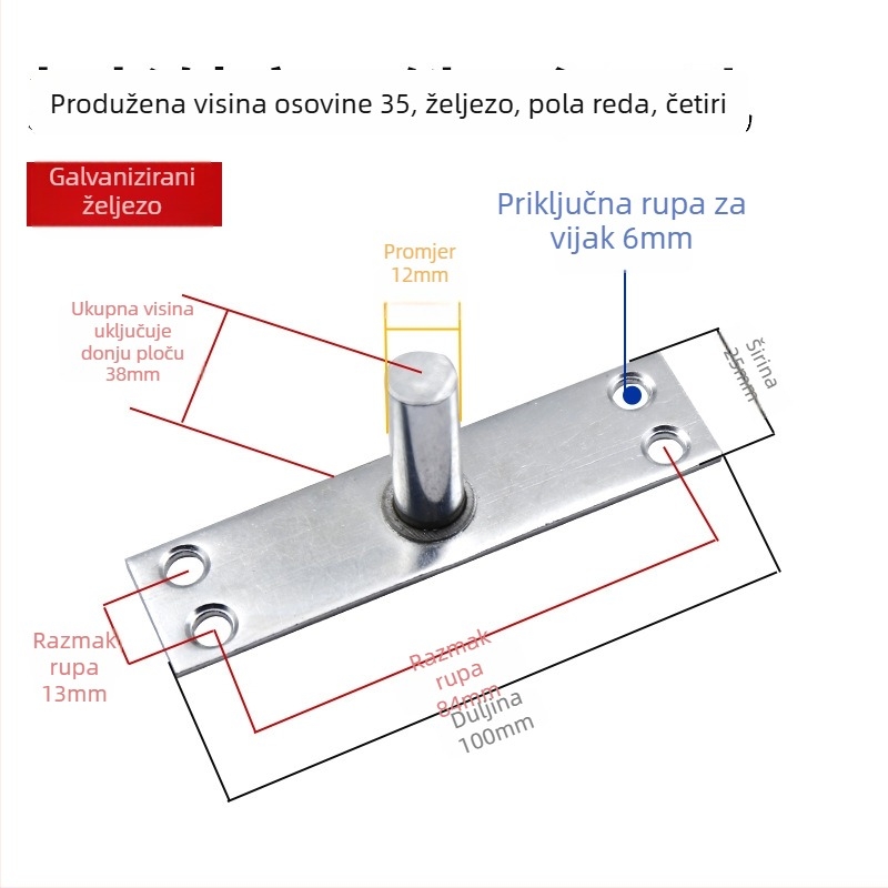 Komplet podne opruge za okvir staklenih vrata: gornja osovska pločica, fiksni osovinski, T-oblik jezgro; Materijal: 304/201 nehrđajući čelik ili pocinčani čelik; Stil: moderni minimalistizam