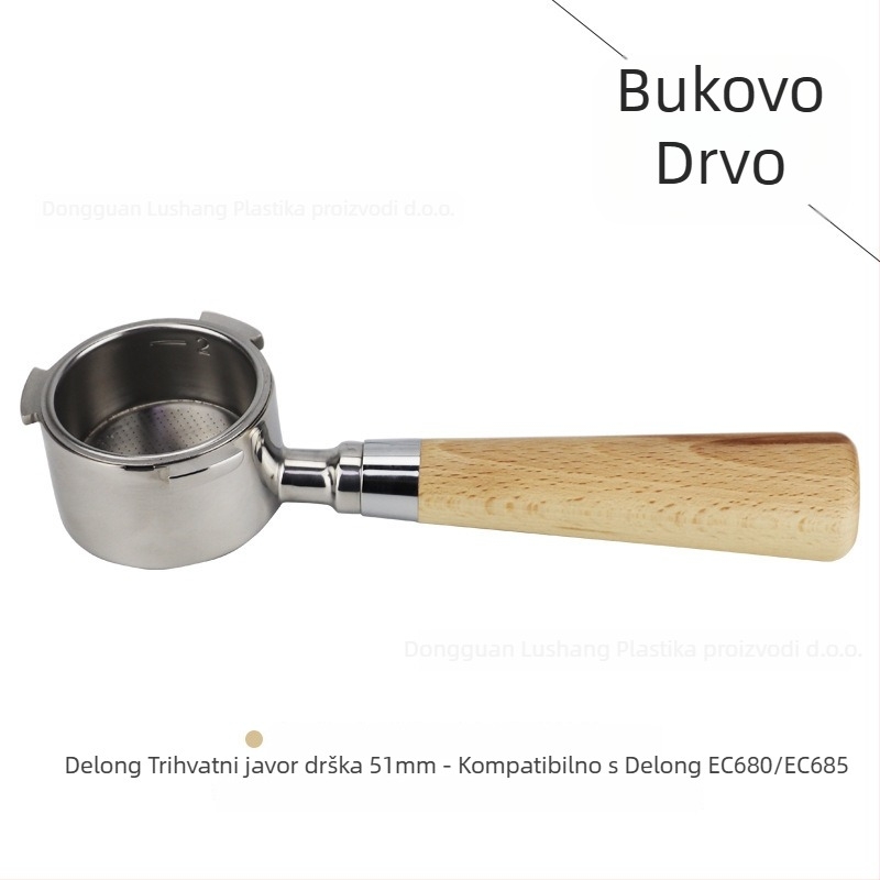 Držač portafiltera bez dna za E61 grupu, nehrđajući čelik s drvenom ručkom; kompatibilan s Delong, Platinum Rich i Aibao