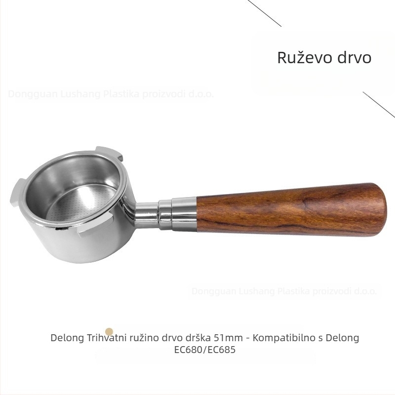 Držač portafiltera bez dna za E61 grupu, nehrđajući čelik s drvenom ručkom; kompatibilan s Delong, Platinum Rich i Aibao