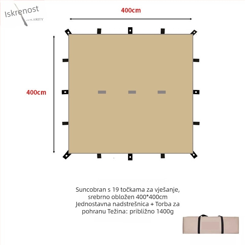 Kamp sjenica s 19-točkastim piramidalnim dizajnom (Xin ao, kod 0516, materijal: pamuk, vodootpornost: 3000–6000 mm, oblik: kvadratni)