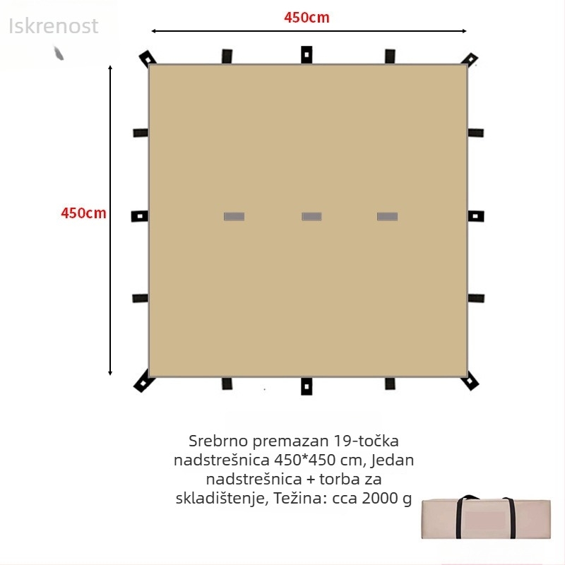 Kamp sjenica s 19-točkastim piramidalnim dizajnom (Xin ao, kod 0516, materijal: pamuk, vodootpornost: 3000–6000 mm, oblik: kvadratni)
