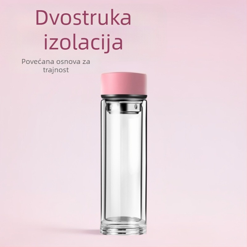 Čajna šalica s dvostrukim staklom, borosilikatno staklo, izolirana i otporna na visoke temperature, uključuje filtr, moderan minimalistički dizajn