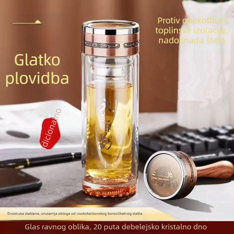 Čajna šalica s dvostrukim staklom, borosilikatno staklo, izolirana i otporna na visoke temperature, uključuje filtr, moderan minimalistički dizajn