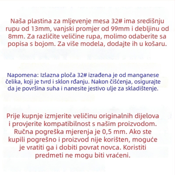 Set pločica s otvorima za mljevenje mesa: pločica s otvorima, oštrica i sito