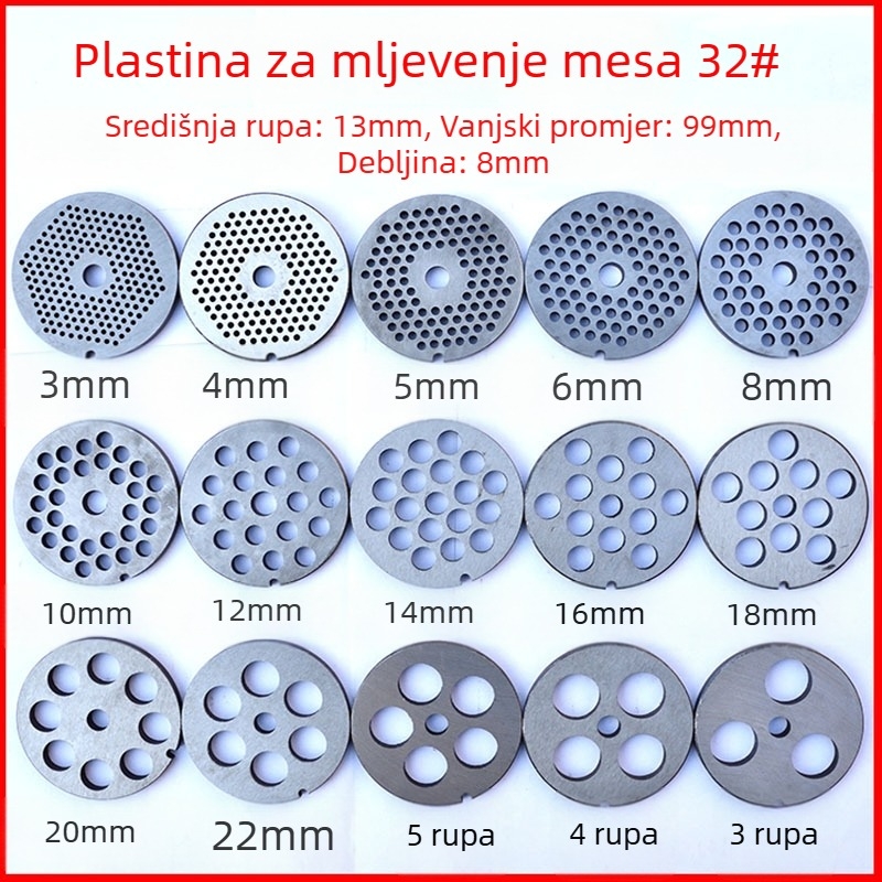 Set pločica s otvorima za mljevenje mesa: pločica s otvorima, oštrica i sito