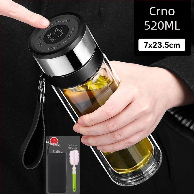 Šalica za čaj od dvostrukog stakla borosilikata za automobil, zaštita od opeklina i izolacija, poklopac s jednim klikom