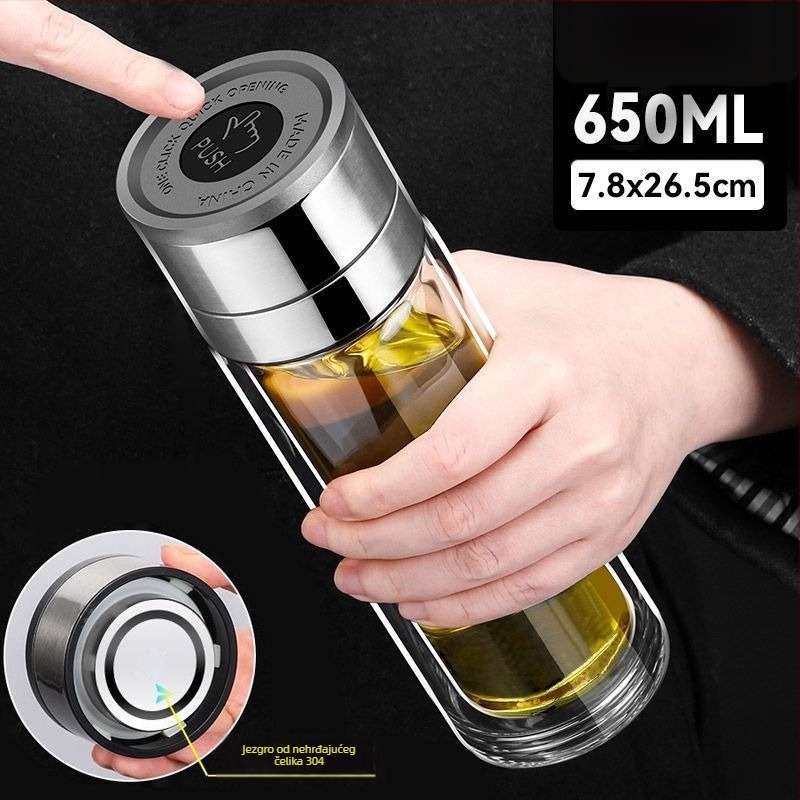 Šalica za čaj od dvostrukog stakla borosilikata za automobil, zaštita od opeklina i izolacija, poklopac s jednim klikom