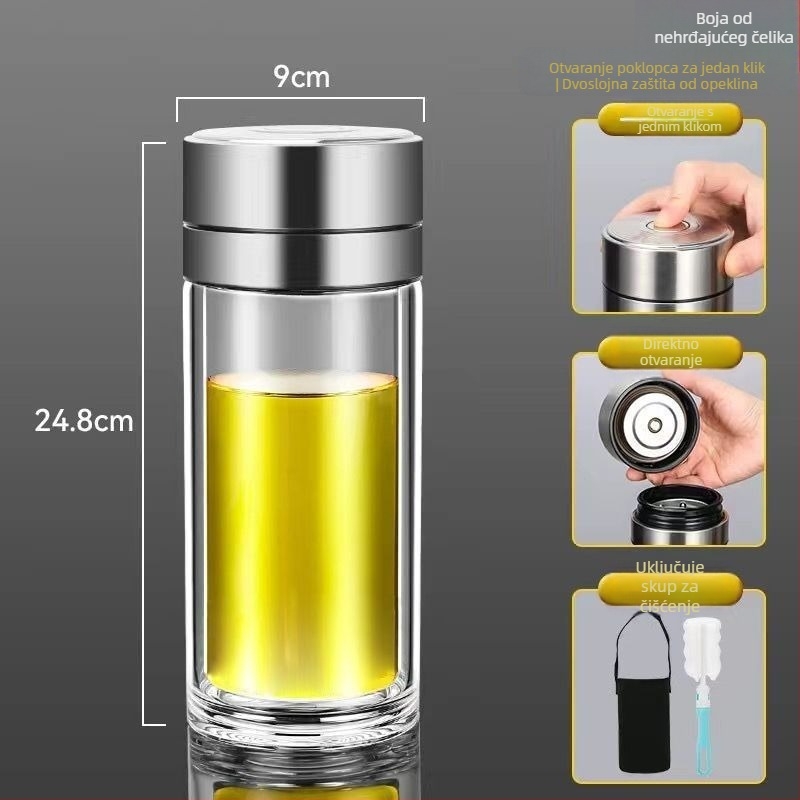 Šalica za čaj od dvostrukog stakla borosilikata za automobil, zaštita od opeklina i izolacija, poklopac s jednim klikom