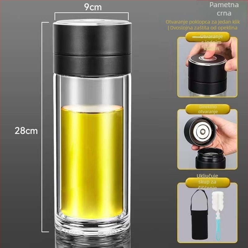Šalica za čaj od dvostrukog stakla borosilikata za automobil, zaštita od opeklina i izolacija, poklopac s jednim klikom