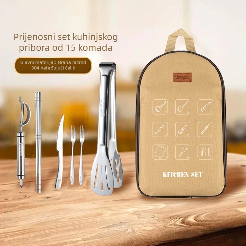 Prijenosni set kuhinjskih posuđa od nehrđajućeg čelika – 8–16 komada, za kampiranje, putovanja automobilom, piknik i roštilj, s vrećom za pohranu