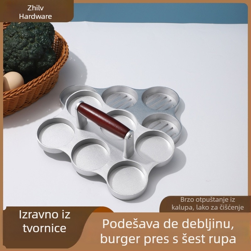 Ručna presica za hamburger sa šest otvora i nelepivim premazom – aluminijski kalup za meso uz mogućnost ispisa logotipa
