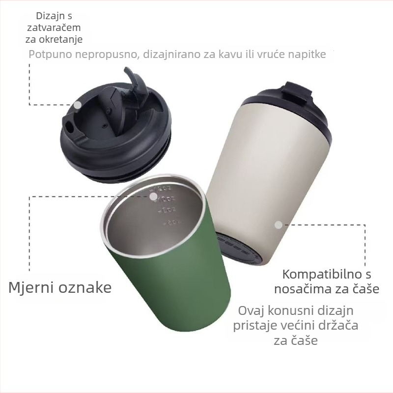 Termo šalice za kavu od nehrđajućeg čelika s vakuum izolacijom, unutarnji 304, vanjski 201, vijčani poklopac, za putovanja