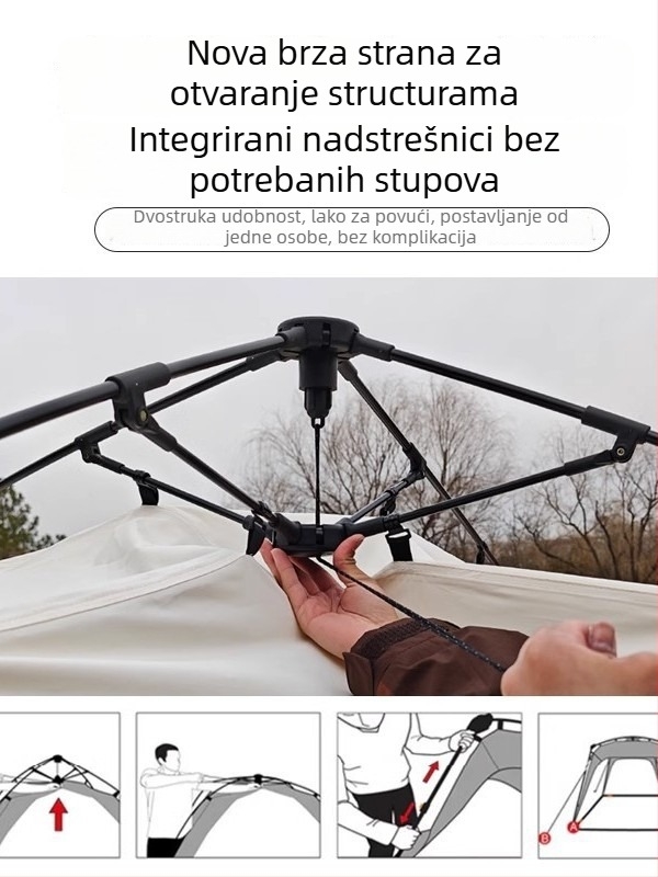 Automatska brza otvarajuća kupolna šator za kampiranje; otporan na vjetar i kišu; jednostruka konstrukcija; šipke od vlaknastog materijala; vanjski, unutarnji i pod od Oxford platna; težina 8,6 kg; vanjska vodootpornost >3000 mm; pogodna za proljeće i jese