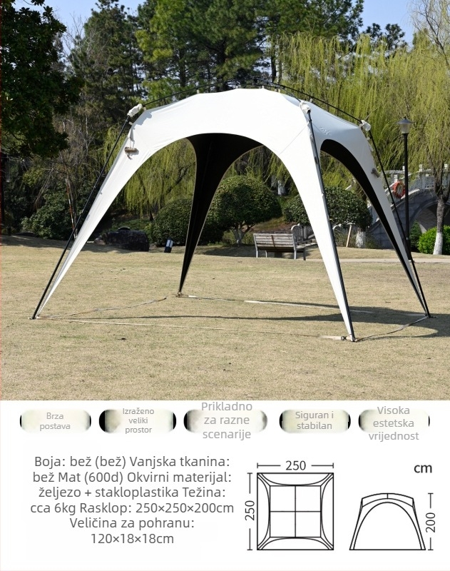 Automatska brza otvarajuća kupolna šator za kampiranje; otporan na vjetar i kišu; jednostruka konstrukcija; šipke od vlaknastog materijala; vanjski, unutarnji i pod od Oxford platna; težina 8,6 kg; vanjska vodootpornost >3000 mm; pogodna za proljeće i jese