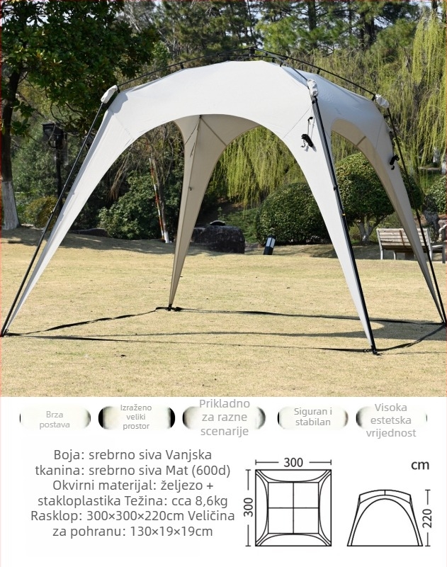 Automatska brza otvarajuća kupolna šator za kampiranje; otporan na vjetar i kišu; jednostruka konstrukcija; šipke od vlaknastog materijala; vanjski, unutarnji i pod od Oxford platna; težina 8,6 kg; vanjska vodootpornost >3000 mm; pogodna za proljeće i jese