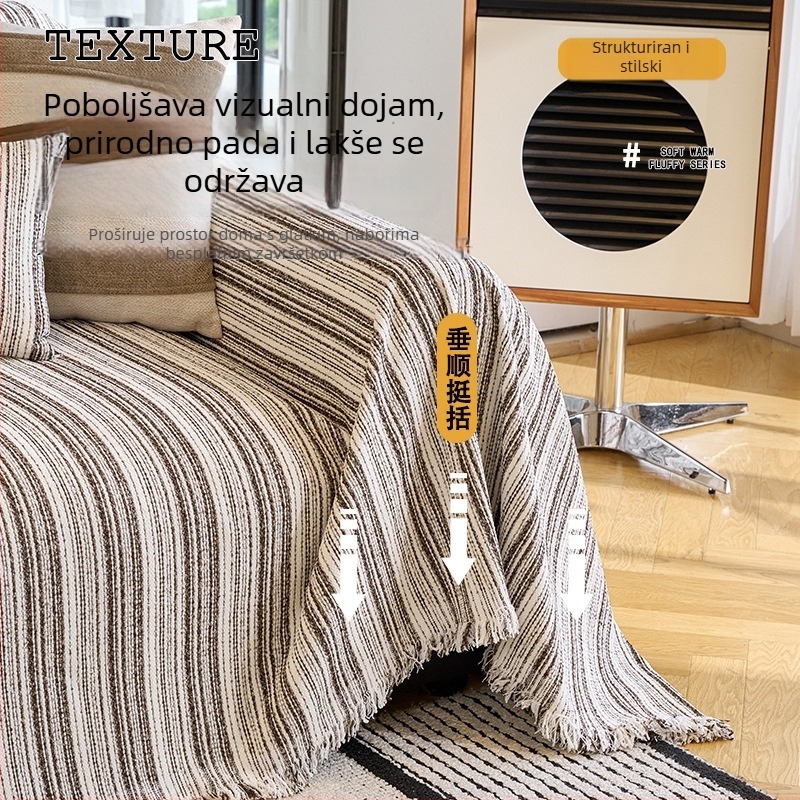 Navlaka za kauč, jednodijelni dizajn, Chenille materijal, prugasti uzorak, pogodna za modularne/kutne kaučeve, minimalistički stil