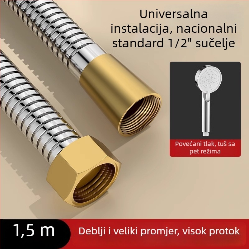 Tuš set s velikim protokom, crijevo od bakra/nerđajućeg čelika, okrugla glava tuša, navojni priključak, moderan minimalistički stil