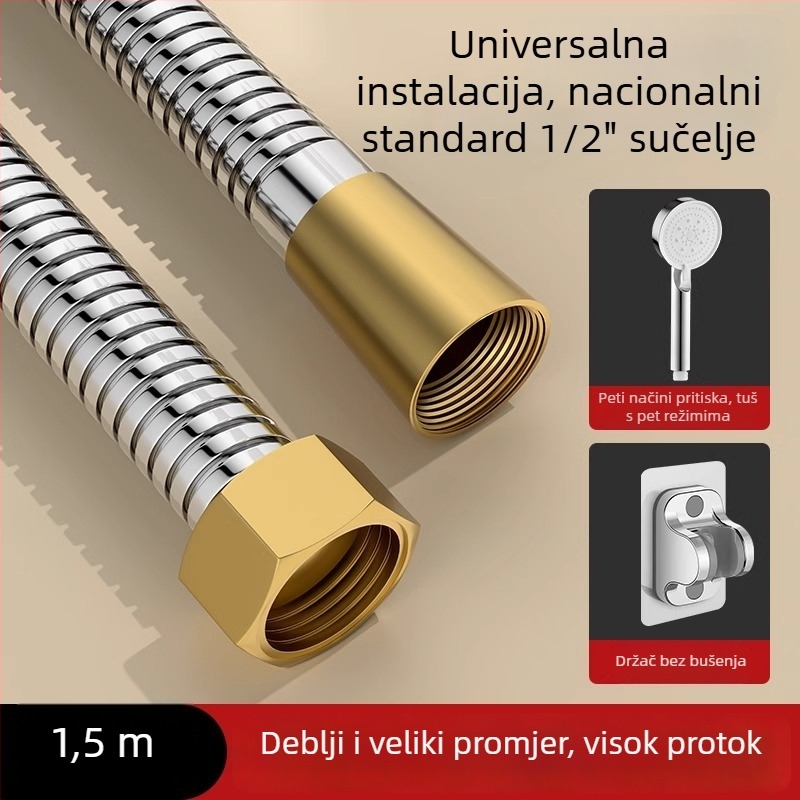 Tuš set s velikim protokom, crijevo od bakra/nerđajućeg čelika, okrugla glava tuša, navojni priključak, moderan minimalistički stil