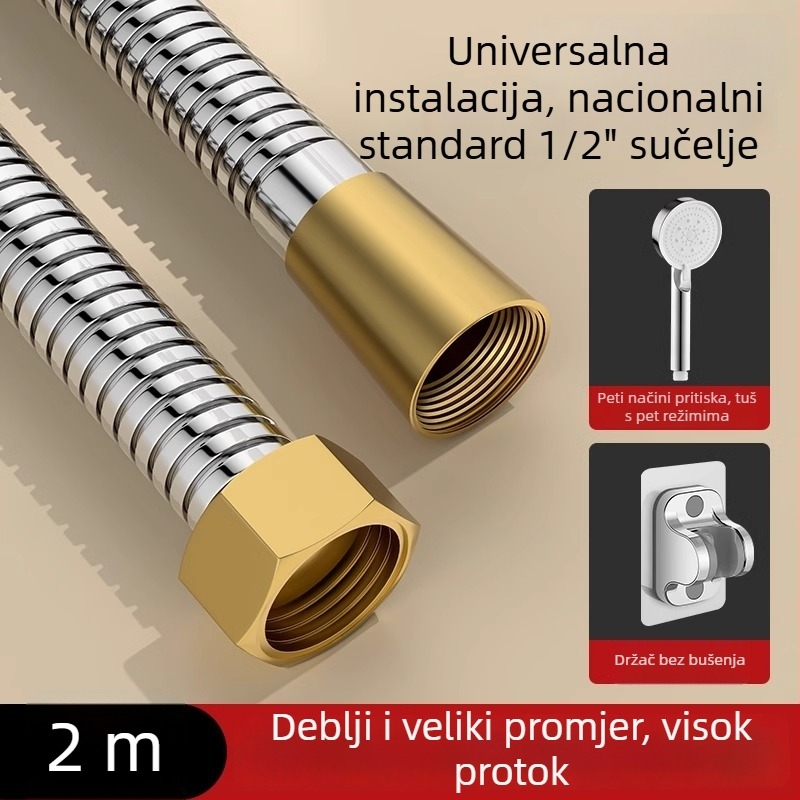 Tuš set s velikim protokom, crijevo od bakra/nerđajućeg čelika, okrugla glava tuša, navojni priključak, moderan minimalistički stil