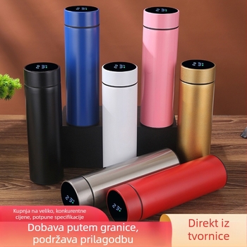 Izolirana čaša od nehrđajućeg čelika 304 (unutarnje) / 201 (vanjsko), pametni prikaz temperature, laser graviranje logotipa, poslovni stil, izolacija 12–24 sati