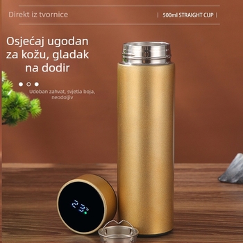 Izolirana čaša od nehrđajućeg čelika 304 (unutarnje) / 201 (vanjsko), pametni prikaz temperature, laser graviranje logotipa, poslovni stil, izolacija 12–24 sati