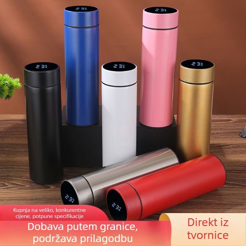 Izolirana čaša od nehrđajućeg čelika 304 (unutarnje) / 201 (vanjsko), pametni prikaz temperature, laser graviranje logotipa, poslovni stil, izolacija 12–24 sati