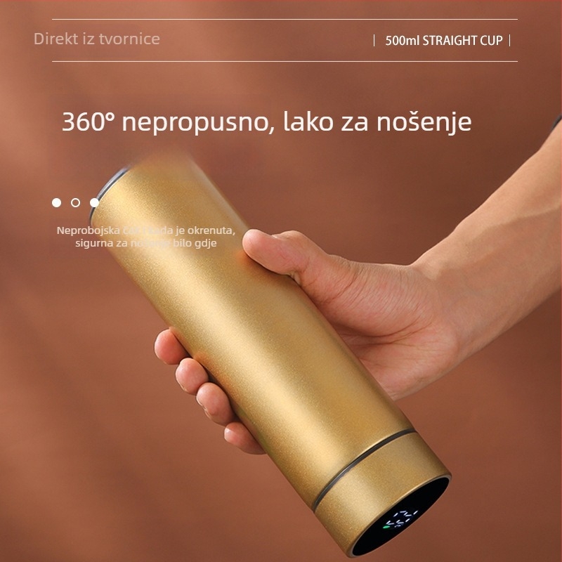 Izolirana čaša od nehrđajućeg čelika 304 (unutarnje) / 201 (vanjsko), pametni prikaz temperature, laser graviranje logotipa, poslovni stil, izolacija 12–24 sati