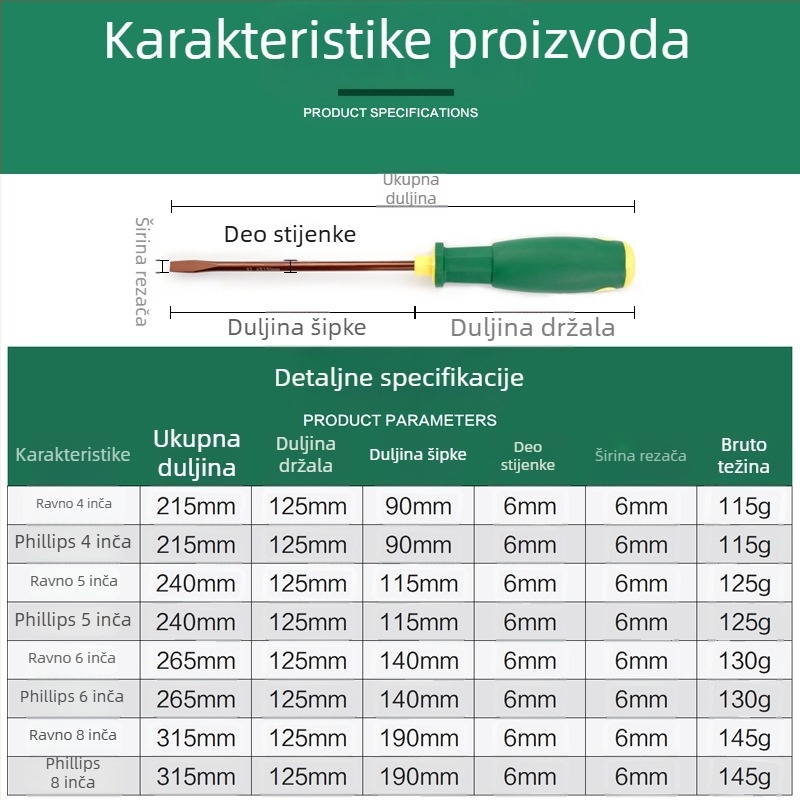 Kombinirana odvijač s ravnim i križnim vrhom, magnetski, S2 čelik, neizoliran, težina 100–150 g