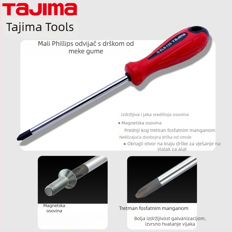 TAJIMA EL serija magnetni Phillips odvijač s mekanom gumiranom drškom, Cr-V čelik, 3 mm vrh