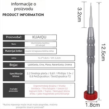 Višenamjenski odvijač za demontažu pametnih telefona, magnetski, S2 alatno čelika, kvadratna glava, metrički format