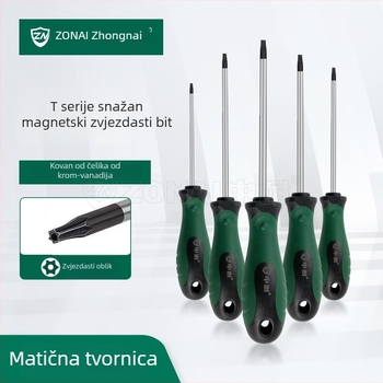 Torx odvijač iz serije T s glavom cvjetnog oblika i središnjom rupom, magnetski, Cr-V čelik, ručka s premazom ljepila