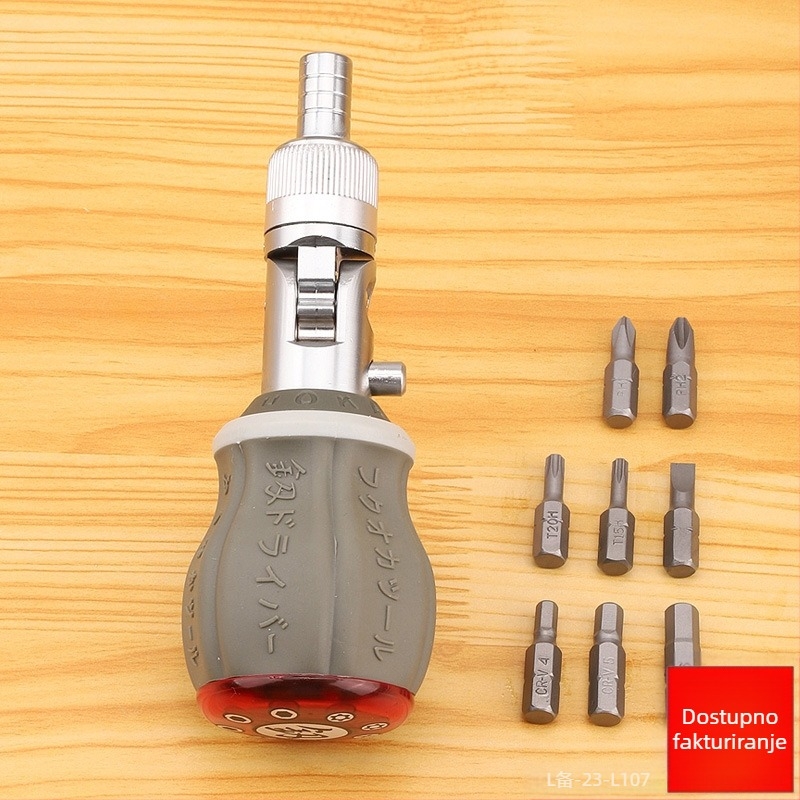 Set odvijača s više kutova i racijskim mehanizmom, 8 bitnih nastavaka, CR-V čelik, magnetski, težina ~0,3 kg