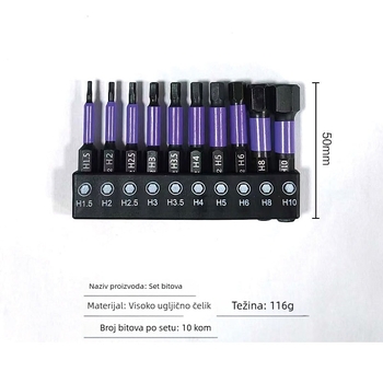 KENSA magnetni set šestouglastih bitova od S2 alatnog čelika, 10 kom, produženi osovinski nastavak