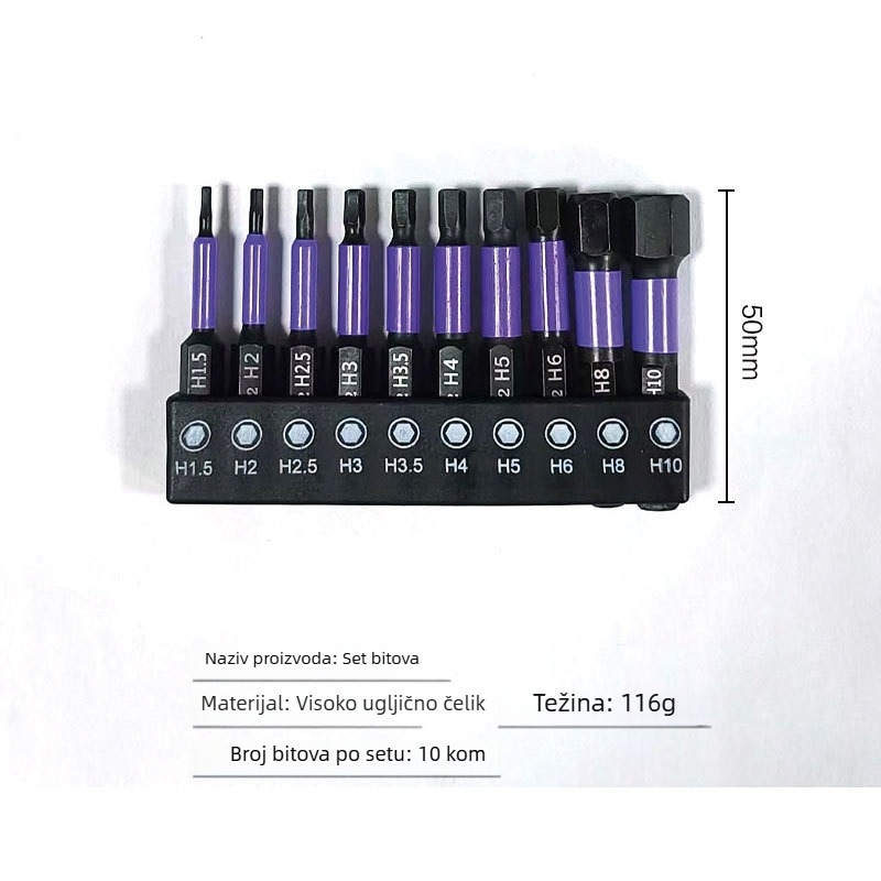 KENSA magnetni set šestouglastih bitova od S2 alatnog čelika, 10 kom, produženi osovinski nastavak