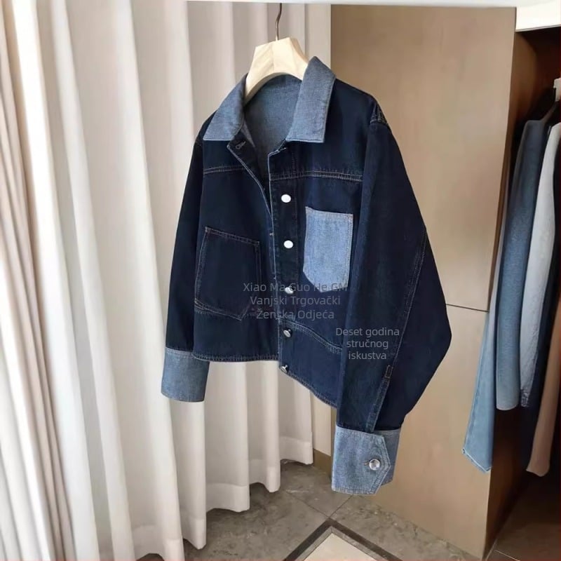 Ženska traper jakna s kontrastnim ovratnikom, kratki kroj, dugi rukavi, gradski stil