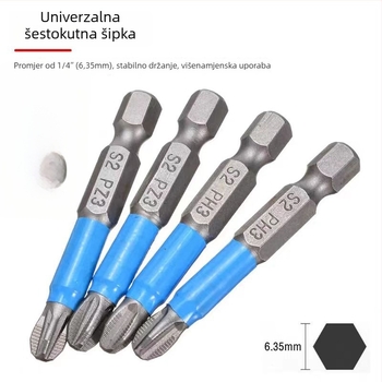 Set križnih bitova za električnu odvijačicu PH1–PH3, PZ1–PZ3; materijal: karbonska čelika; magnetski; težina 65 g; ručka od karbonske čelika