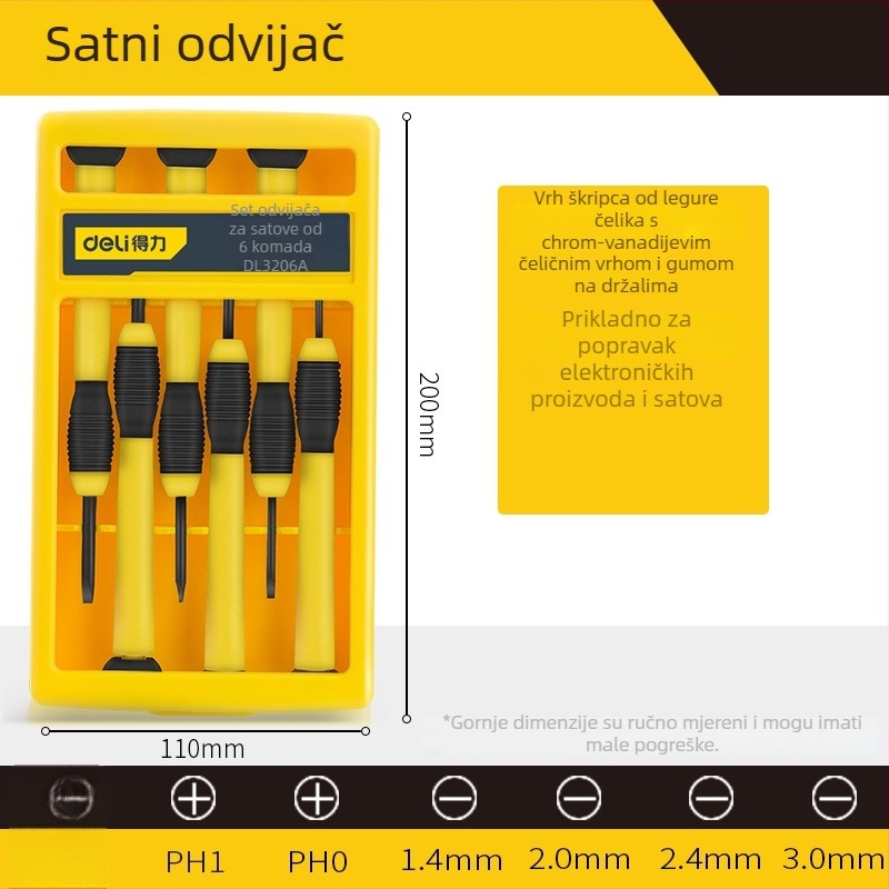 Deli tools 6-dijelni set preciznih odvijača za satove i mobitele, magnetni, izolirani, od ugljičnog čelika, težina 125 g