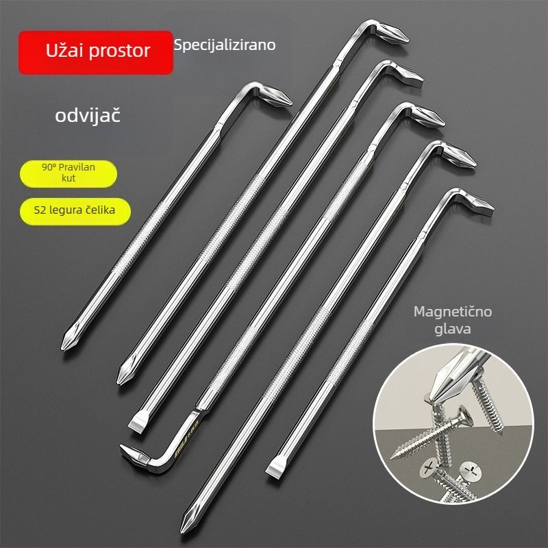 Magnetski set odvijača s pravokutnim kutem od 90° za uske prostore; L- i Z-oblik ručki; od karbonskog čelika; uključuje križni (Z prošireni) bit, standardni L-bit i mini šesterokutni ključ