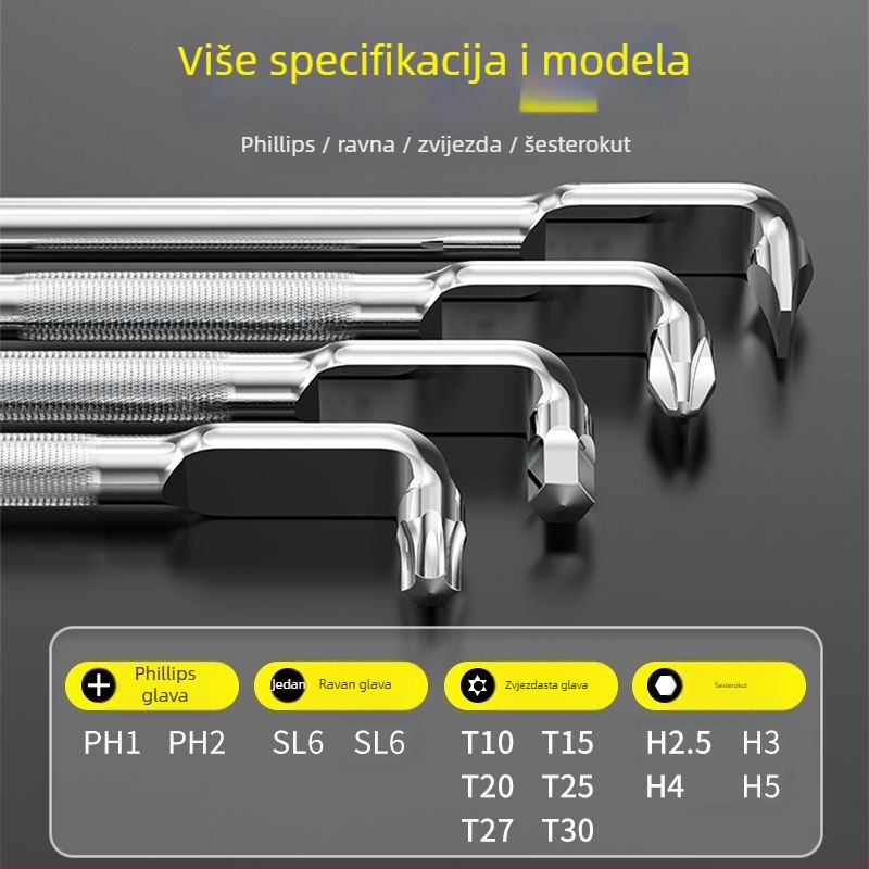 Magnetski set odvijača s pravokutnim kutem od 90° za uske prostore; L- i Z-oblik ručki; od karbonskog čelika; uključuje križni (Z prošireni) bit, standardni L-bit i mini šesterokutni ključ