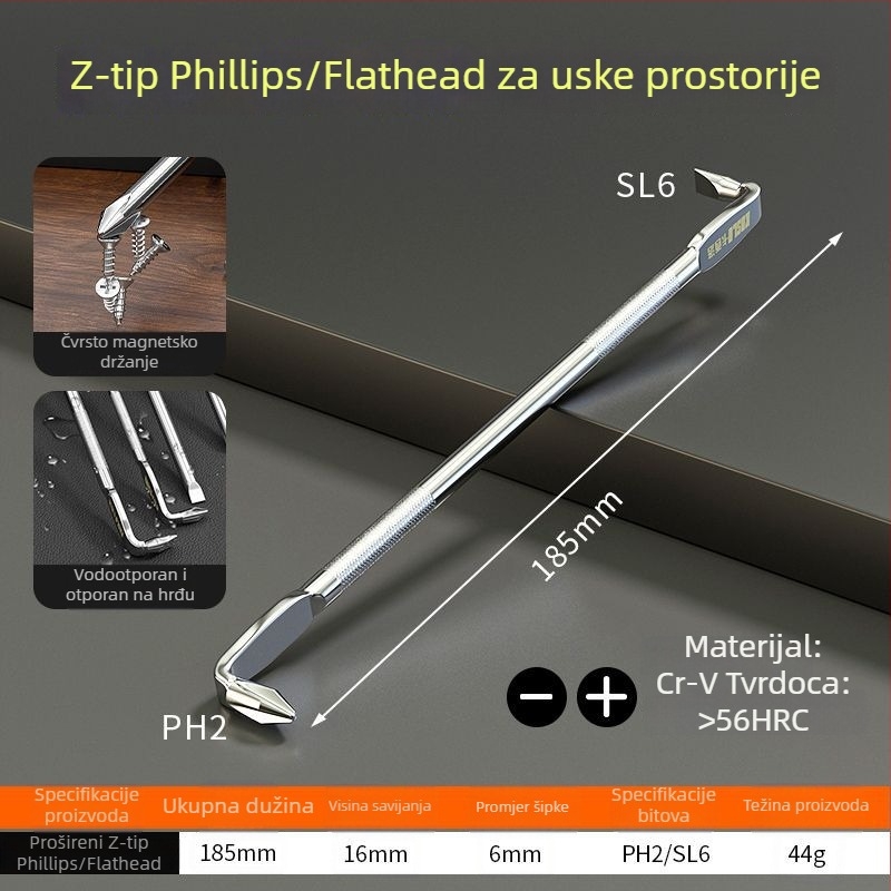 Magnetski set odvijača s pravokutnim kutem od 90° za uske prostore; L- i Z-oblik ručki; od karbonskog čelika; uključuje križni (Z prošireni) bit, standardni L-bit i mini šesterokutni ključ