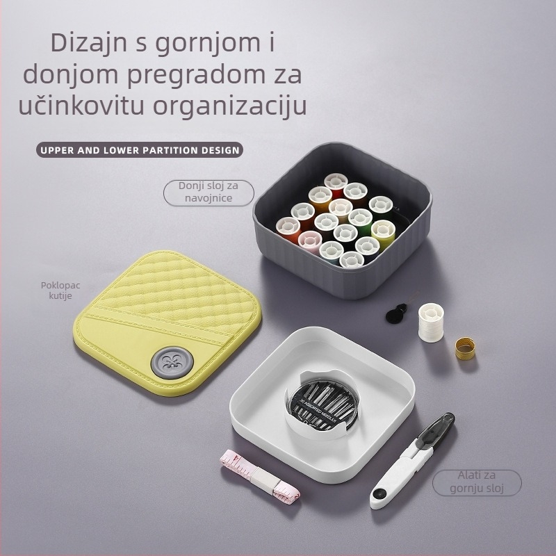 Prijenosna kutija za šivanje, plastična, dvostruka pregrada, šivaći set
