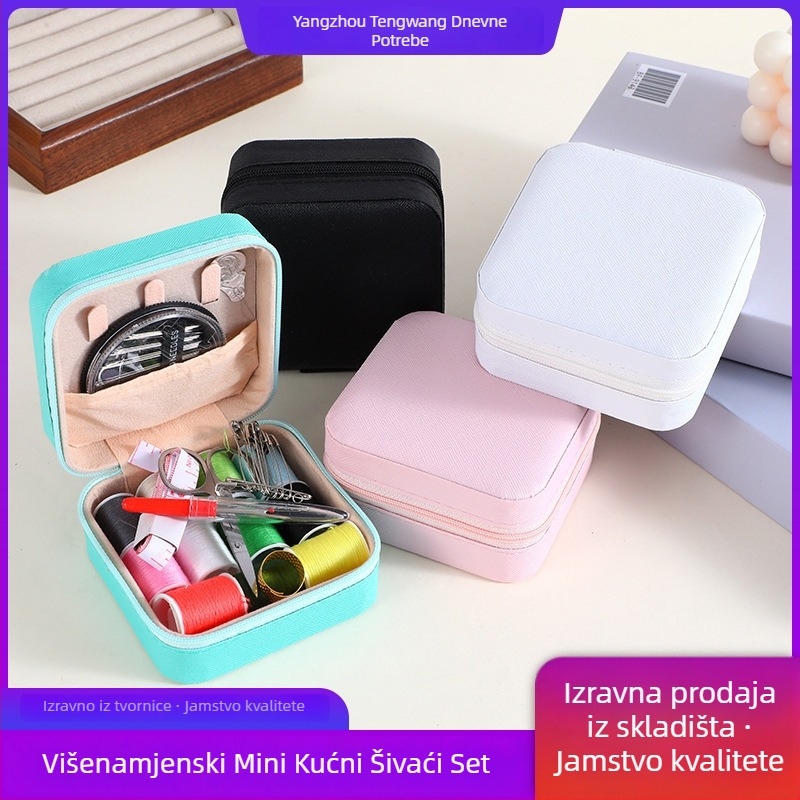 Prenosni džepni set za šivanje u kutiji – PU koža + bisernasti velur + metalni zatvarač; Podrijetlo: Jiangsu; Količina kutije: 100 kom; Serija: set za šivanje
