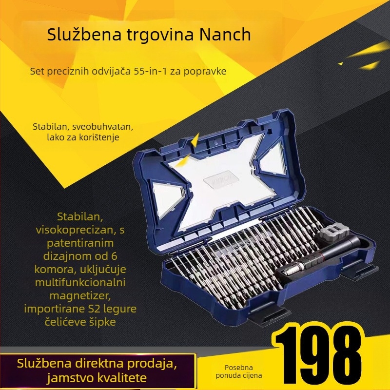 55-in-1 set odvijača od S2 čelika, magnetske vrhove, bez izolacije, težina 580 g