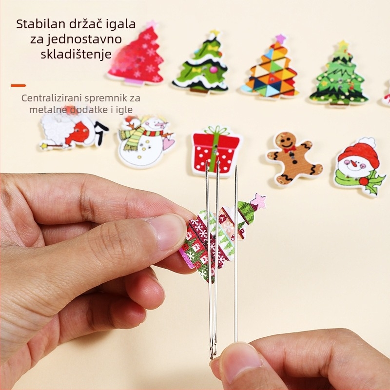 Alat za usisavanje igle za križni šav — drveni, božićni motiv, prijenosan, protiv gubitka